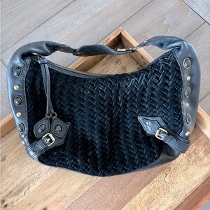 Cole Haan leather & herringbone velvet handbag w/ beautiful brass/onyx detail.